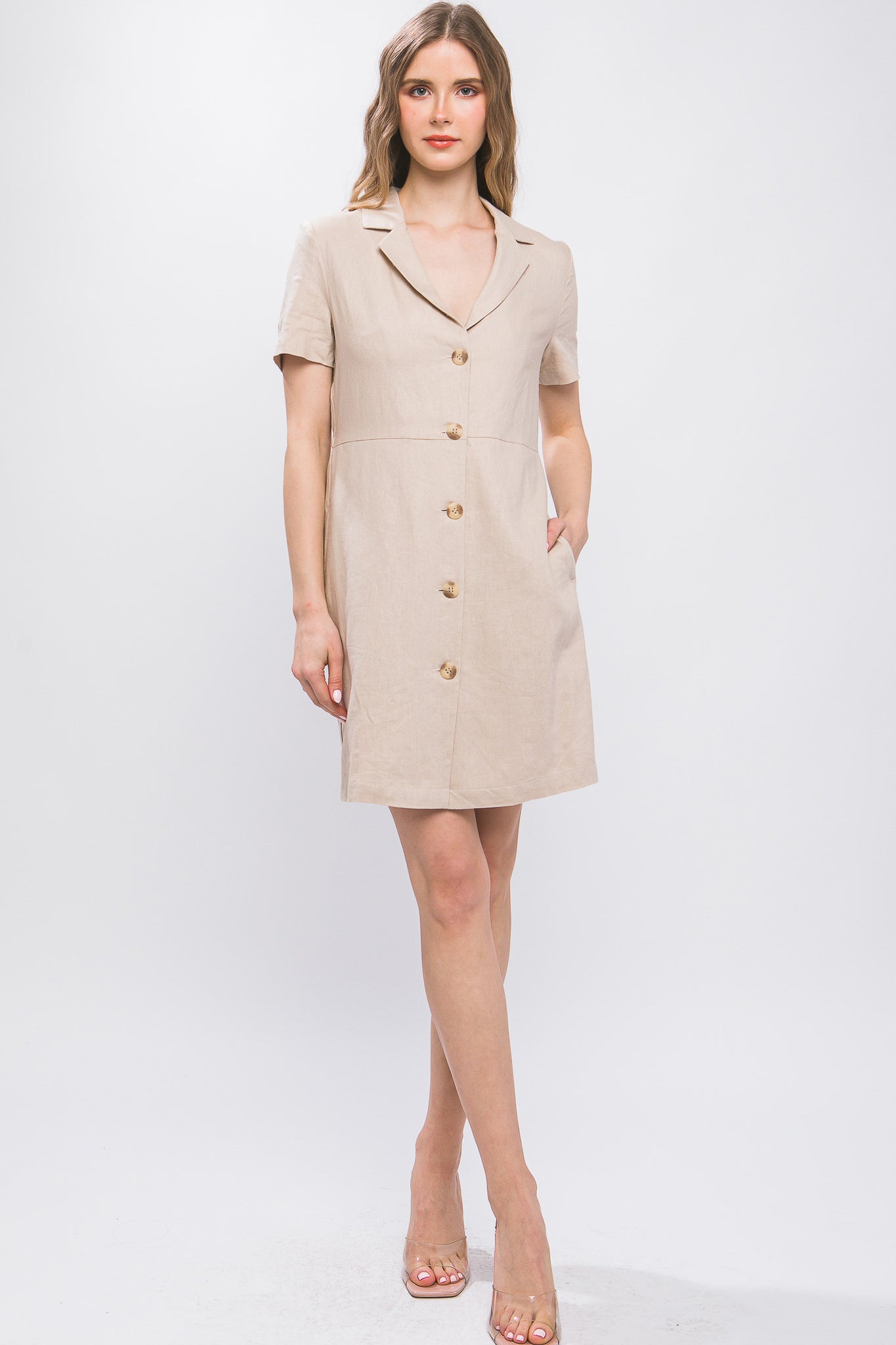 VESTIDO CORTO LINO KHAKI N11415KK